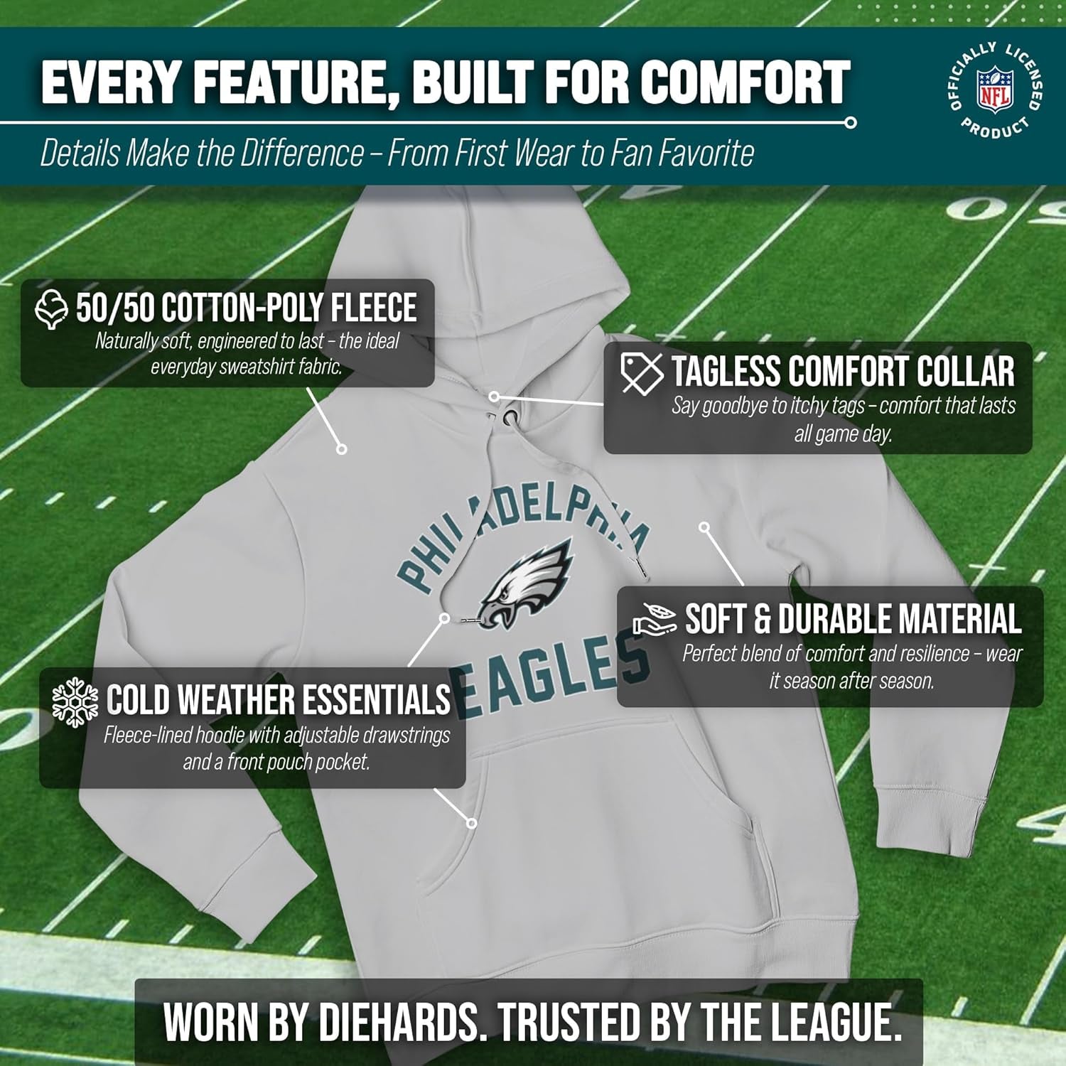 NFL Gameday Adult Hooded Sweatshirt, Pro Football Fleece Hoodie Pullover Sweatshirt