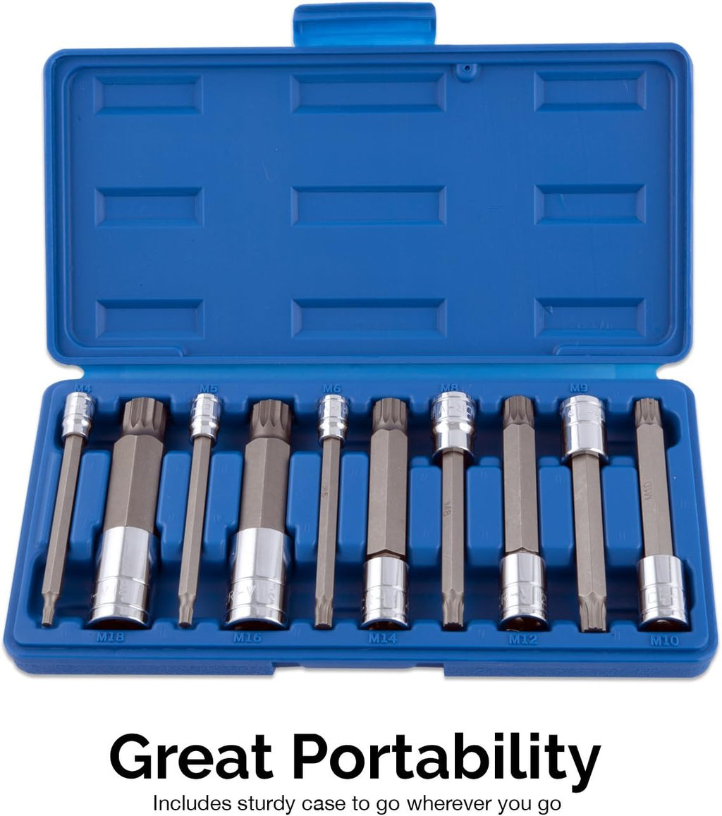 10054A XZN Triple Square Spline Bit Socket Set | Extra Long 4” | 4Mm to 18Mm | 10-Piece Set | S2 and Cr-V Steel